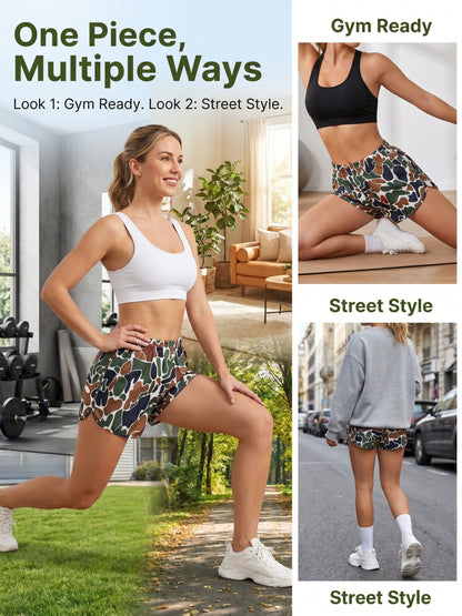 Camouflage Shorts - Green Brown Camo Elastic Waist with Drawstring, Durable Polyester Shorts Suitable for Park Strolling, Home & Outdoor Activities, Spring Summer Casual Wear, Camo Shorts for Everyday Use