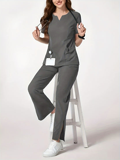 Two-Piece Easy And Comfortable Breathable Brushing Gloves Set for Work Uniforms, V-Neck Short-Sleeved Front-Pocket Comfortable Top And Slit Straight-Leg Trousers, All-Season Wear, Perfect for Healthcare, Dental, And Pet Hospital Professionals