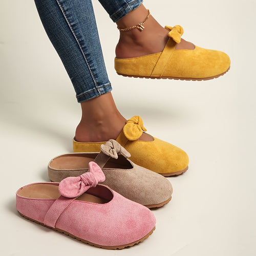 [Slip-On Mules Bow Detail] Women's Slip-On Mules with Thick Cushioned Soles And Bow Detail - Soft Fabric Upper, Breathable PU Lining, Sole - All-Season Comfort for Casual And Formal Wear (Beige/Yellow/Pink) - Extended Sizes Available, Mule Shoes, Comforta