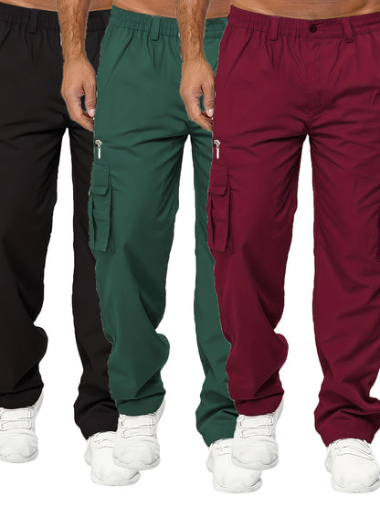 3pcs Men'S Casual Solid Color Cargo Pants, Polyester Non-Stretch Woven Fabric, Multiple Pockets, Regular Fit, Spring/Fall Season, Hiking & Outdoor Scene, Weekend Casual Occasion, Thick