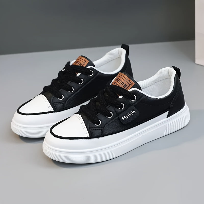 Women's Skateboarding Shoes - College Style Flat Sole Casual Sneakers with Soft Rubber Outsole & EVA Cushion, Breathable Faux Cover & Mesh Upper, All-Season Outdoor Walking Shoes for Students (White/Black)