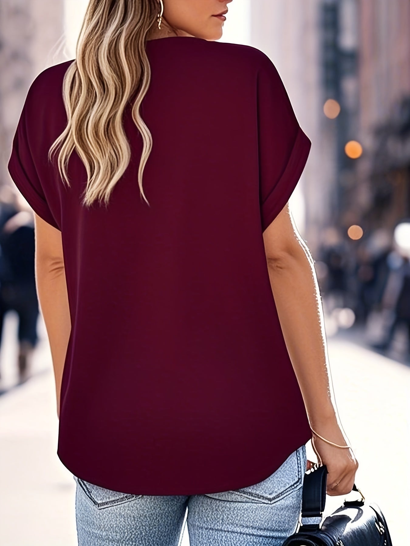 2025 Spring/Summer New Solid Color V-Neck Bat Women'S Short Sleeve Polo Collar Top Solid Color Women'S Shirt