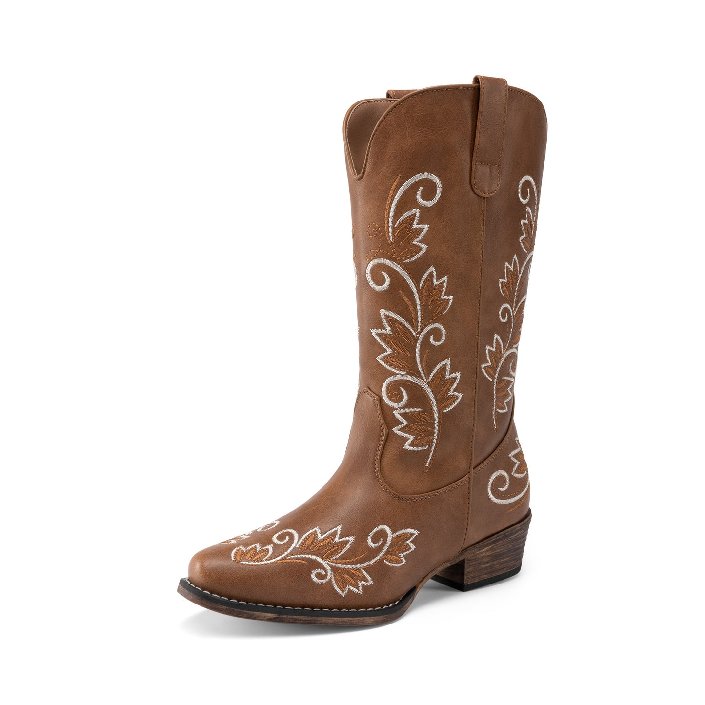 DREAM PAIRS Women's Cowboy Cowgirl Western Mid Calf Boots Square Toe Embroidered Stitched Pull On Country Boots with Low Chunky Heel
