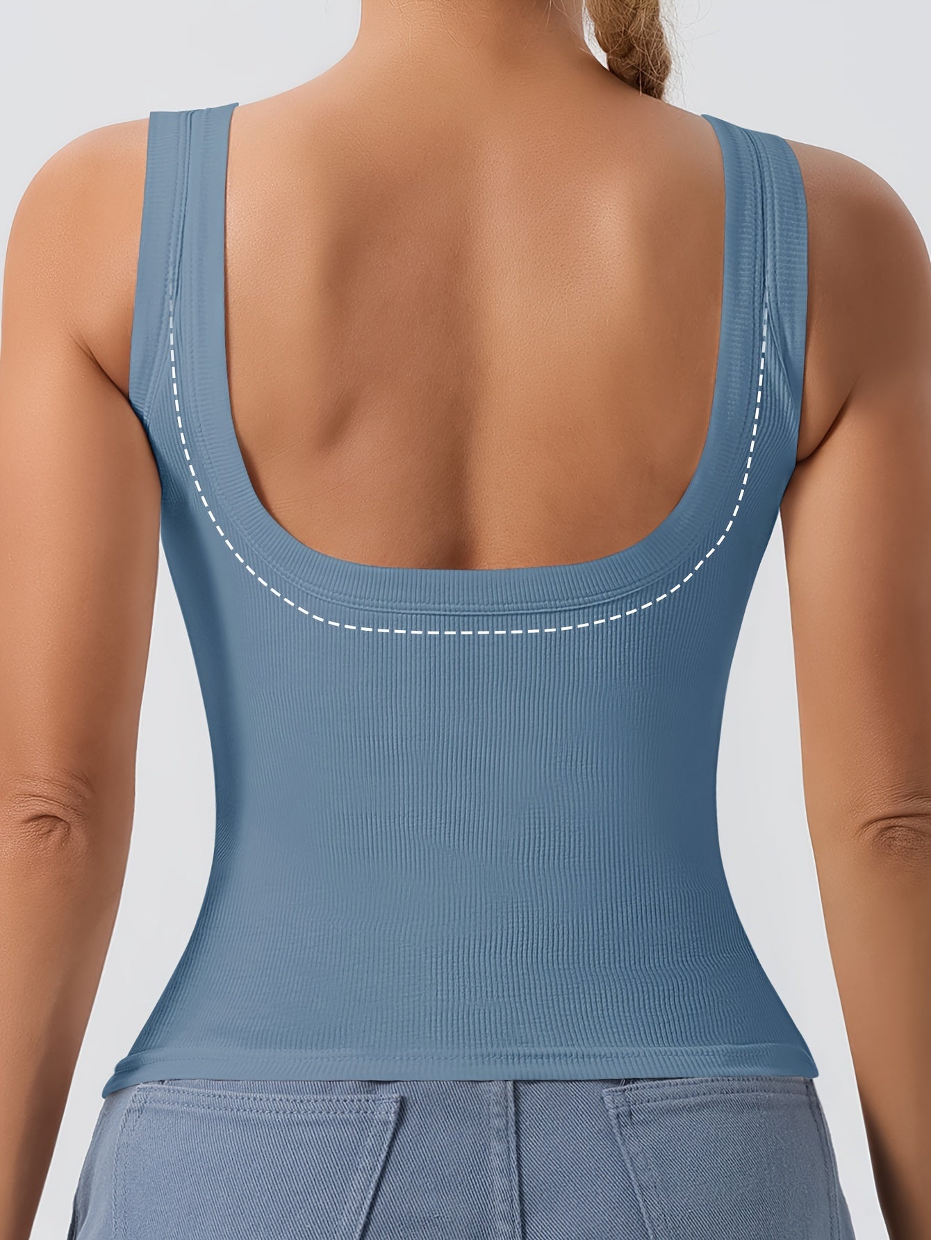 Big U Beauty 2-in-1 Backless Ribbed Base Vest with Built-In Pads & Coasters - High-Elasticity Striped Slim Fit Sleeveless Top for Plus Size Women, Casual Elegant Layering Essential