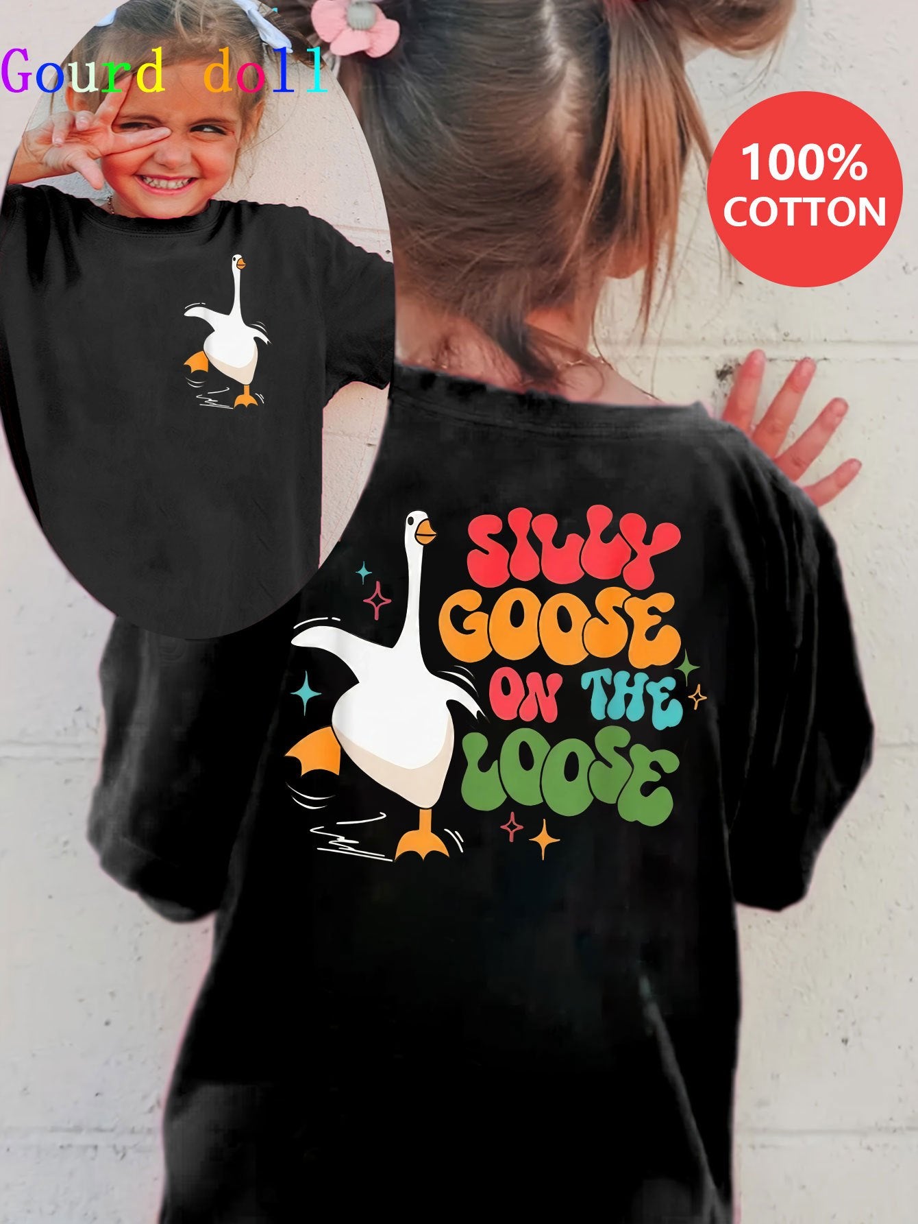 1pc GOURD DOLL Girls' Casual Cotton T-Shirt, "Silly Goose On The Loose" Lettering & Cartoon Animal Print, Crew Neck, Short Sleeve, Asymmetrical Hem, Summer Knit Top, GOURD DOLL