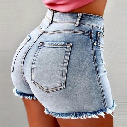 Stylish Women's High-Waist Denim Shorts with Frayed Hem & Fringe Detail, Soft Viscose Fabric, Slimming Fit, Essential Spring & Summer Hot Pants, Casual Five-Pocket Design, Jean Shorts