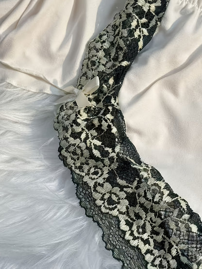 Contrast Color Lace Splicing V-neck Camisole and Double-sided Bow Splicing Casual Shorts | Skin-friendly, Comfortable, Stretchy Fabric, Sexy Style, Suitable for All Seasons