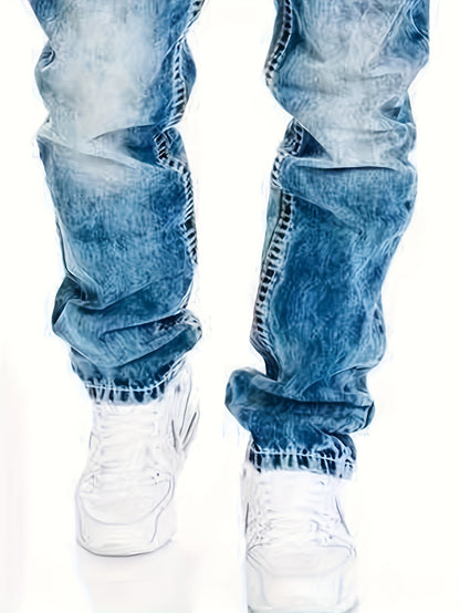 Men's Slim-Fit Straight-Leg Distressed American Snowflake Jeans - Vintage Wash Blue Denim Pants with Snowflake Pattern, Streetwear Style All-Season Casual Wear, Durable Fabric & Hand Washable