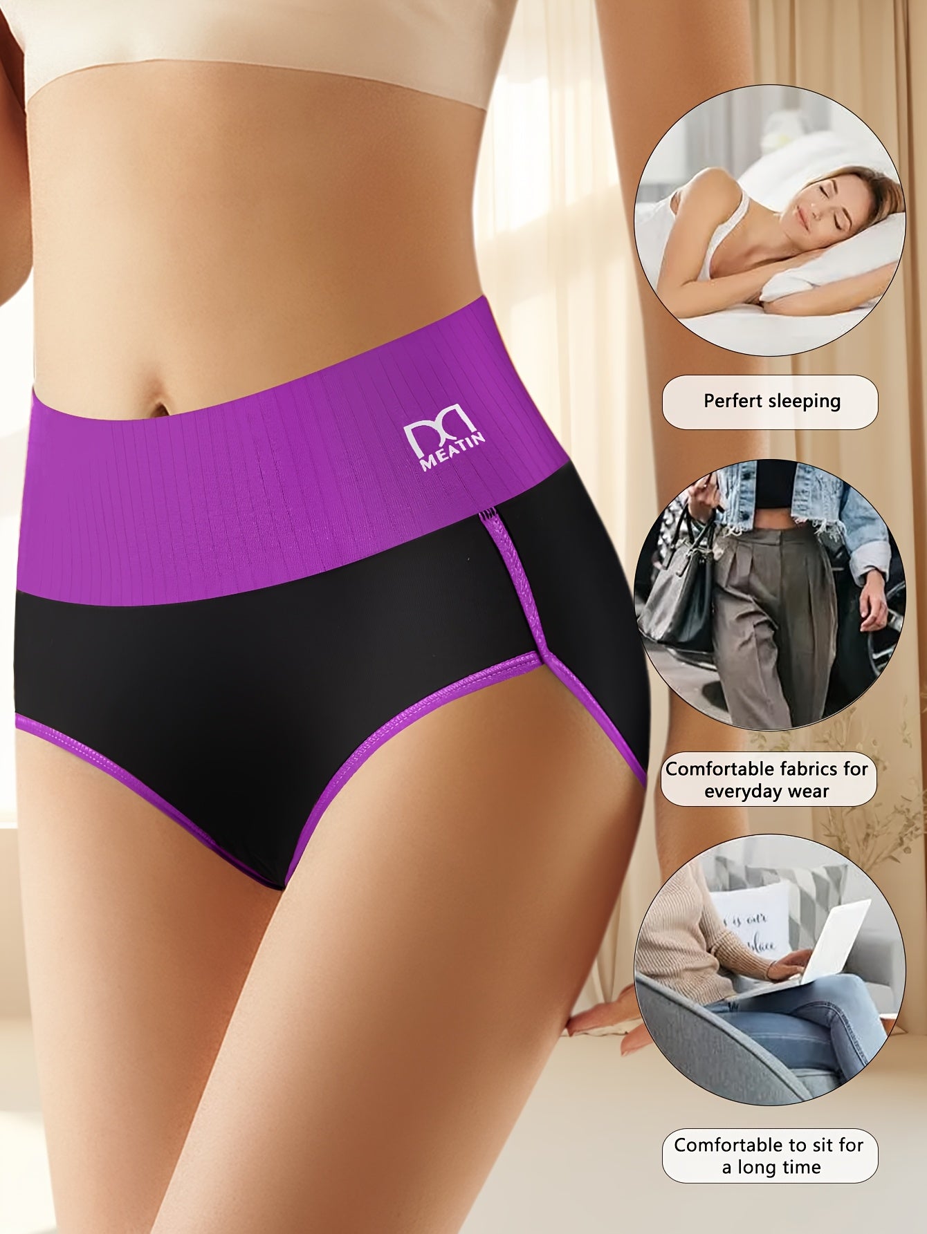 5pcs Women's High Waisted Underwear - Tummy Control Full Coverage Panties with Soft Seamless Briefs, Contrast Color Belt & Striped Minimalist design - Full-Elastic-Rim High- Triangle Briefs for Daily Wear (5pcs)