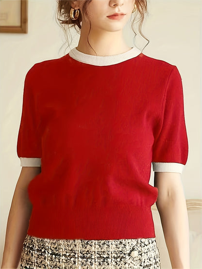 Spring/Summer/Autumn Contrast Trimming Round Neck Holiday Casual Elegant Party Business Commuter Gift Knitted Top T-shirt