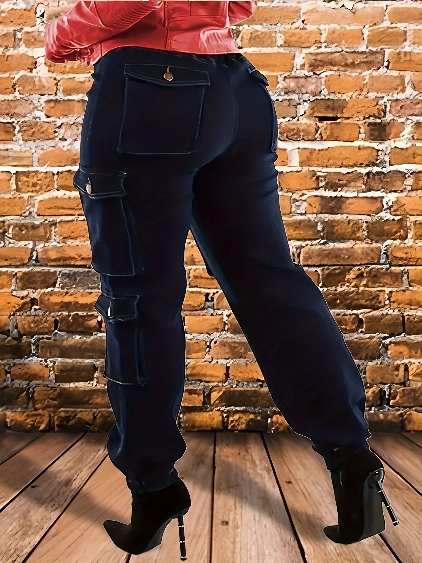 Women's Plus Size Dark Blue High Waisted Elastic Waistband Drawstring Tie with Multiple Pockets And Small Ankle Workwear Jeans, Suitable for Outdoor Play And Street Wear, Machine Washable, All Season, Shipped From Local Warehouse