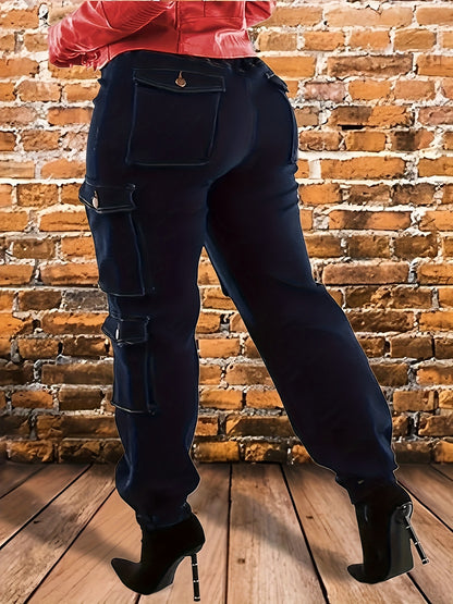Women's Plus Size Dark Blue High Waisted Elastic Waistband Drawstring Tie with Multiple Pockets And Small Ankle Workwear Jeans, Suitable for Outdoor Play And Street Wear, Machine Washable, All Season, Shipped From Local Warehouse