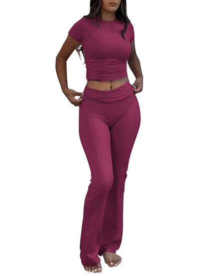 Leisure Women'S Two-Piece Round Neck T-Shirt And Low-Waisted Flared Pants Set Streetwear