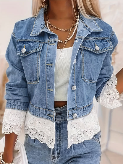 Plus Size Women's Casual Short Denim Jacket with Lace Trim - Machine Washable Spring/Fall Layering Piece, Contrast Lace Edging & Classic Denim Design for Everyday Outfits, Casual Wear Jacket | Plus Size Fashion | Stylish Contrasts