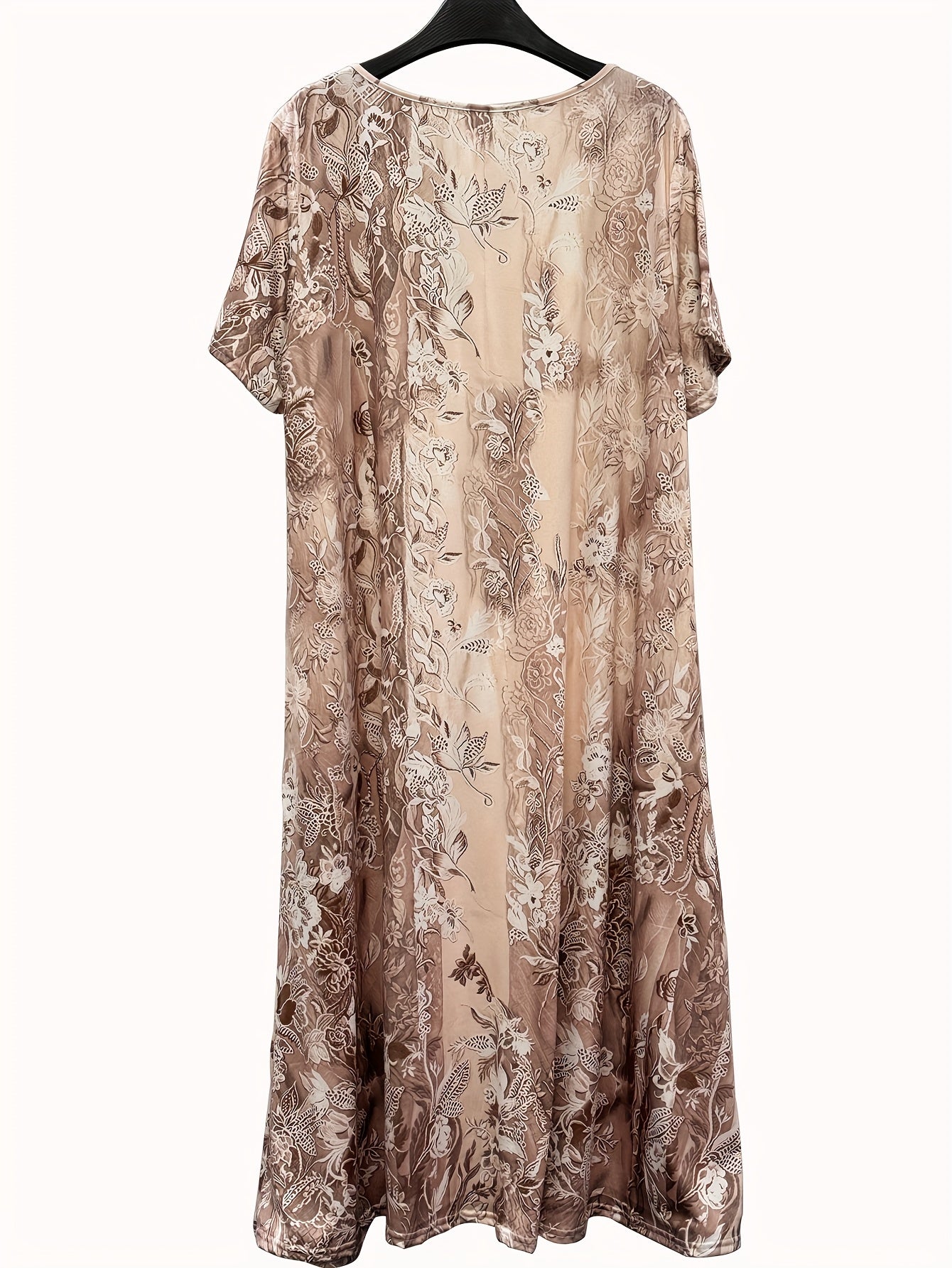 Plus Size Short Sleeve Midi Dress with Lace Neck And Flower Print