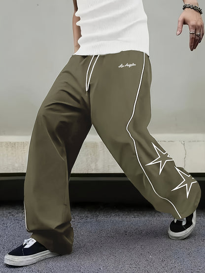 Men'S Outdoor Casual Running Pants with Star Print - Solid Color & Training Trekking Pants, Pocket Design for Spring/Fall, Beach, Urban Strolls - Regular Fit for Mature S (Daily Wear)