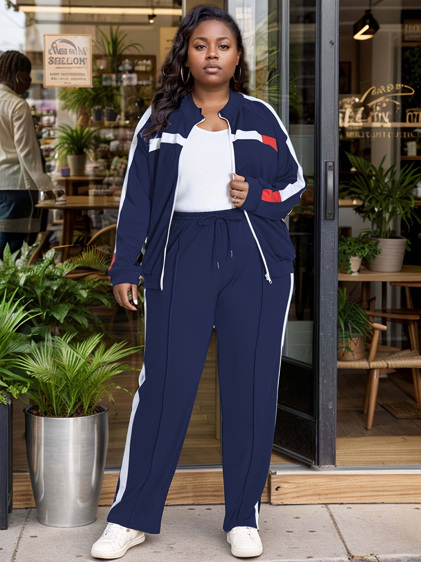 UOUA Plus Size Jogging Suit for Women 2pcs Sweatsuit Set Long Sleeve Jacket & Jogger Pants Two Piece Outfits Track Suit