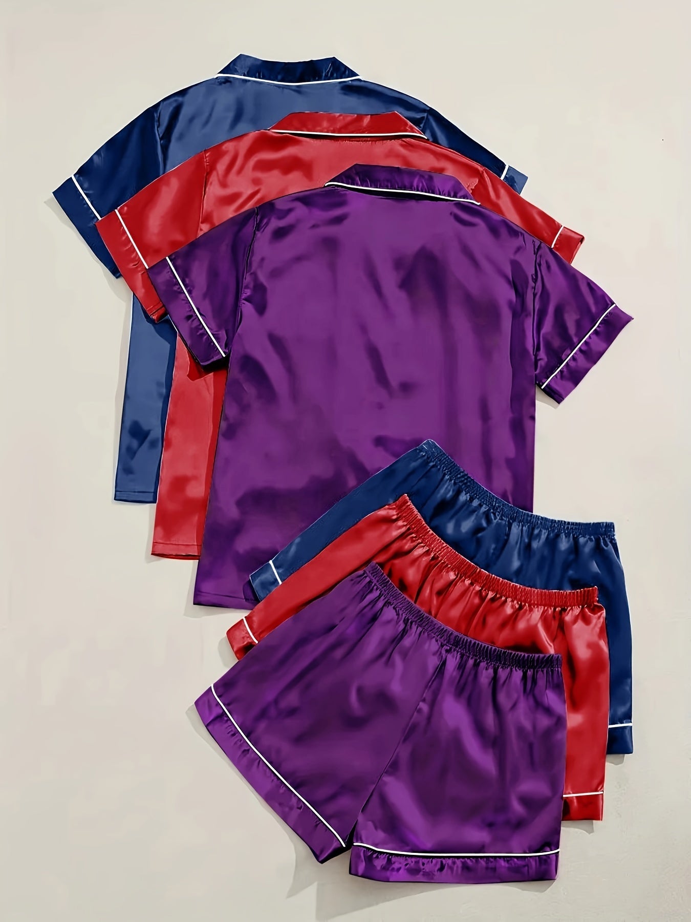 Black + Champagne + Pink Satin Short-Sleeve Shorts - product view 24