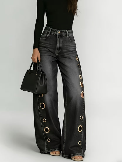 [Retro Denim Jeans] New Retro Style Denim Jeans for Women, With Metal Eyelets Designed for Casual And Loose Fit, High Waisted And Wide Leg Jeans, Street Cool Women's Clothing, Black Retro Blue Light Blue Women's Straight Leg Denim Pants