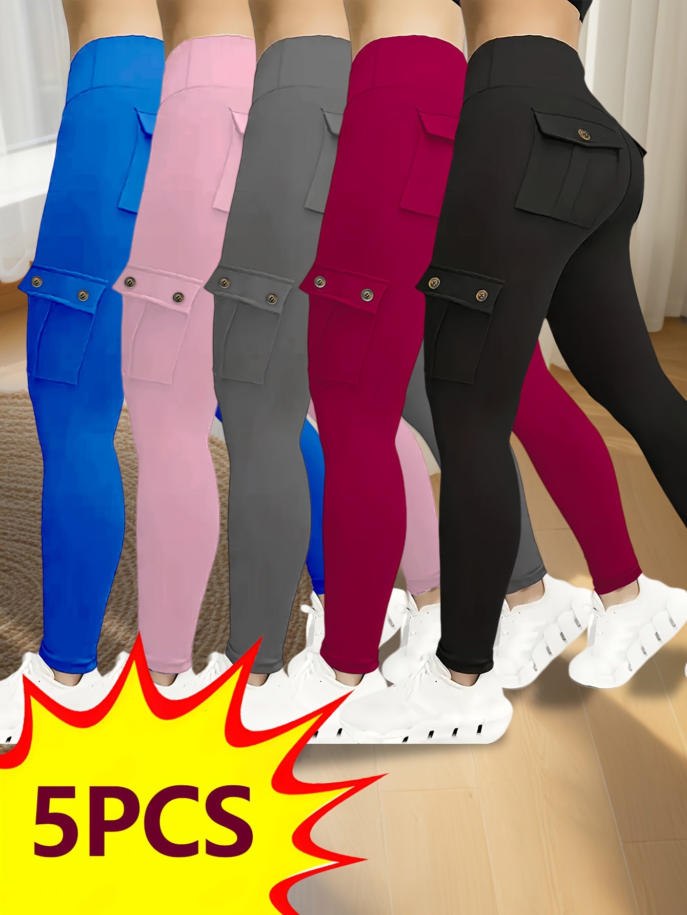 5pcs High-waisted Yoga Pants with 4 Button Pockets, Elastic Buttocks Lifting, Shaping And Abdominal Tightening Running Yoga Pants, Women's Yoga Stretching Exercise Pants, 5pcs Yoga Pants Set, Women's Yoga Pants Set
