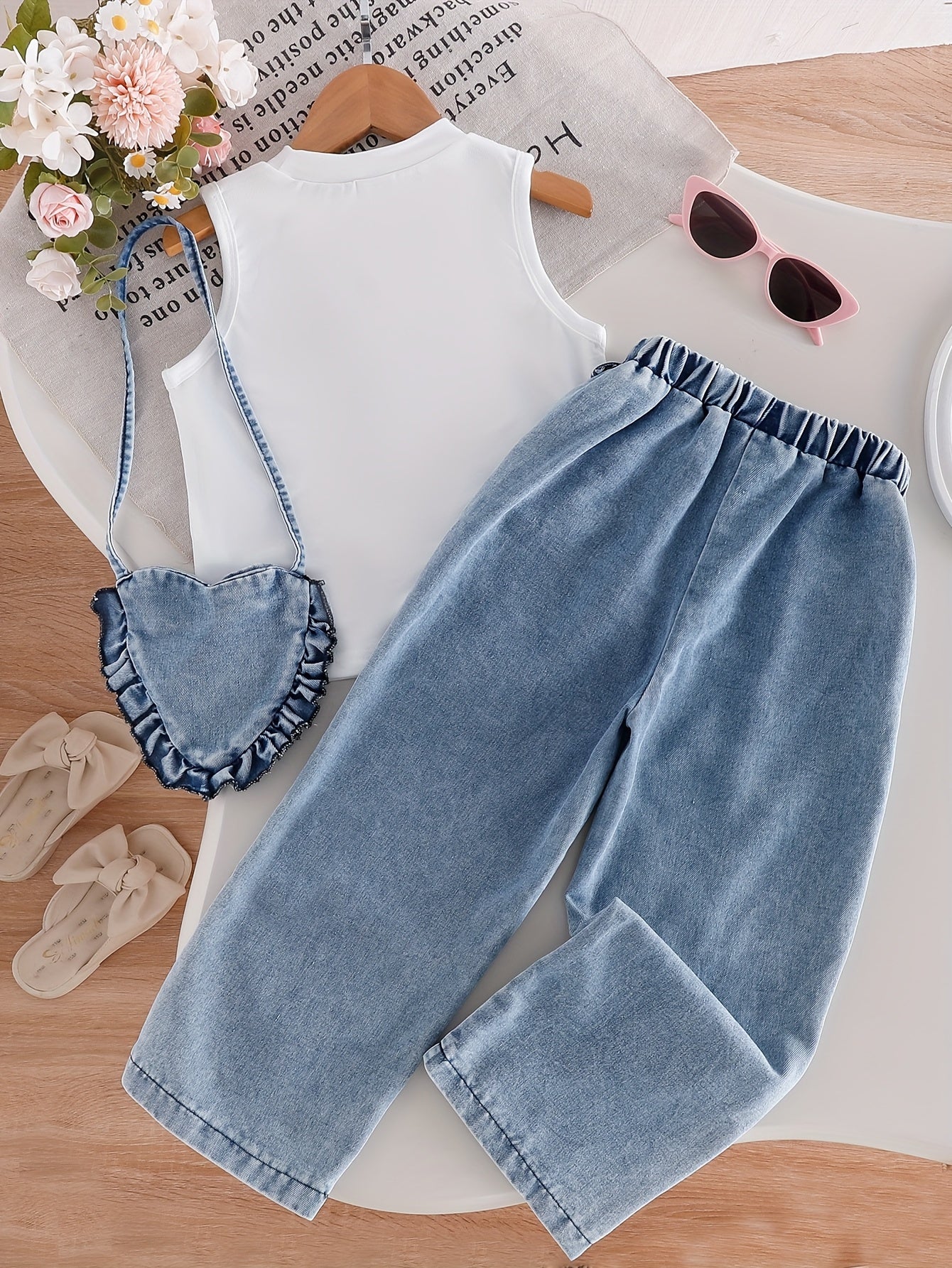 Young Girls 2PCS Summer And Autumn Outfit – Sleeveless White Tank Top & Heart Fringe Patch Washed Denim Pants Set, Cute Casual Clothes, Girl clothes 7 8 years, y2k kids clothes