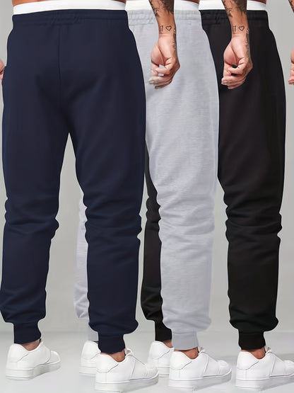 3pcs Men's Spring & Autumn Regular Fit Solid Drawstring Sweatpants with Pockets - Ideal for Outdoor Sports & Casual Wear