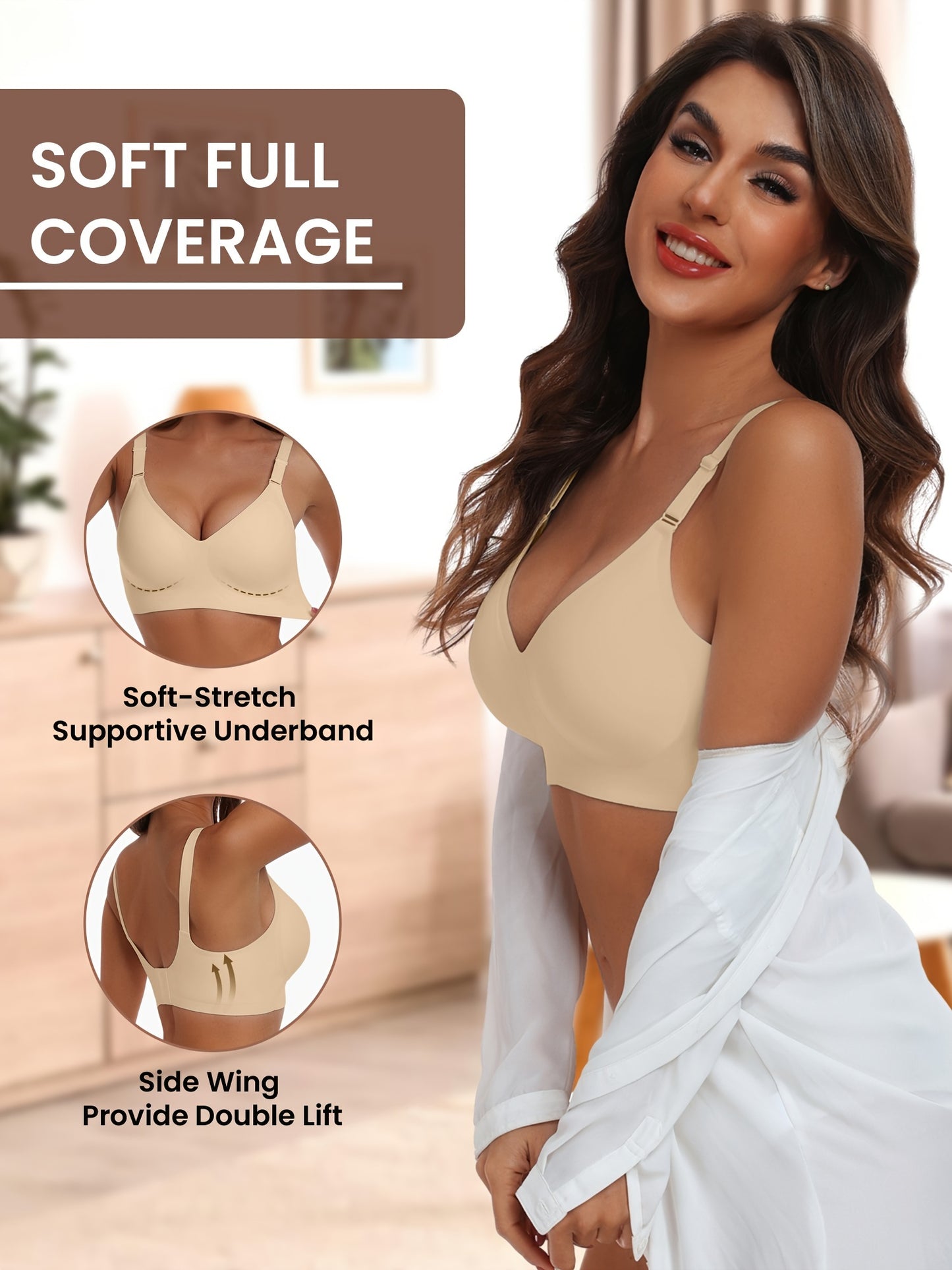 Seamless Wireless Push-Up Bra-V Neck Design, Comfortable, Supportive Intimate Apparel for Women