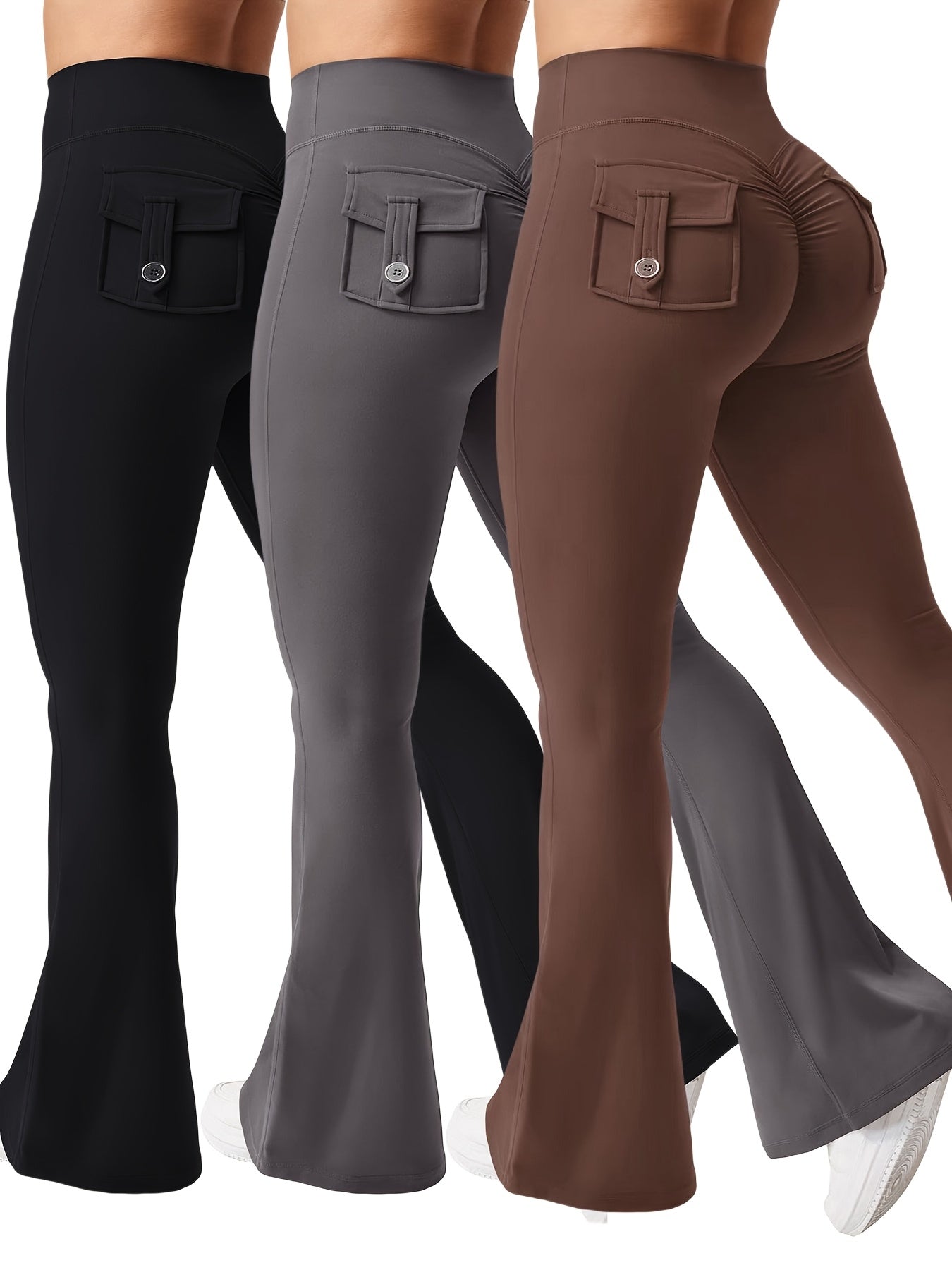 Women's Autumn 3pcs Set, New Style Casual Flared Yoga Pants, Training Flared Trousers, High-Waist Workwear with Belt and Pockets, Sportswear, Halloween Costume, Christmas Apparel