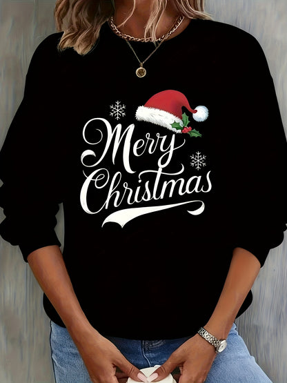 Christmas Themed Print Women'S Casual Crew Neck Sweater, Long Sleeve Pullover for Autumn/ Winter, Grey Sweatshir