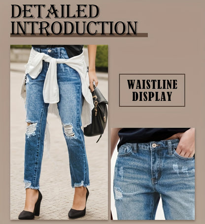 Stretchy Boyfriend Jeans for Women - Ripped, Distressed, Comfortable Denim Pants with Five-Pocket Design, Faded Wash, And Relaxed Fit
