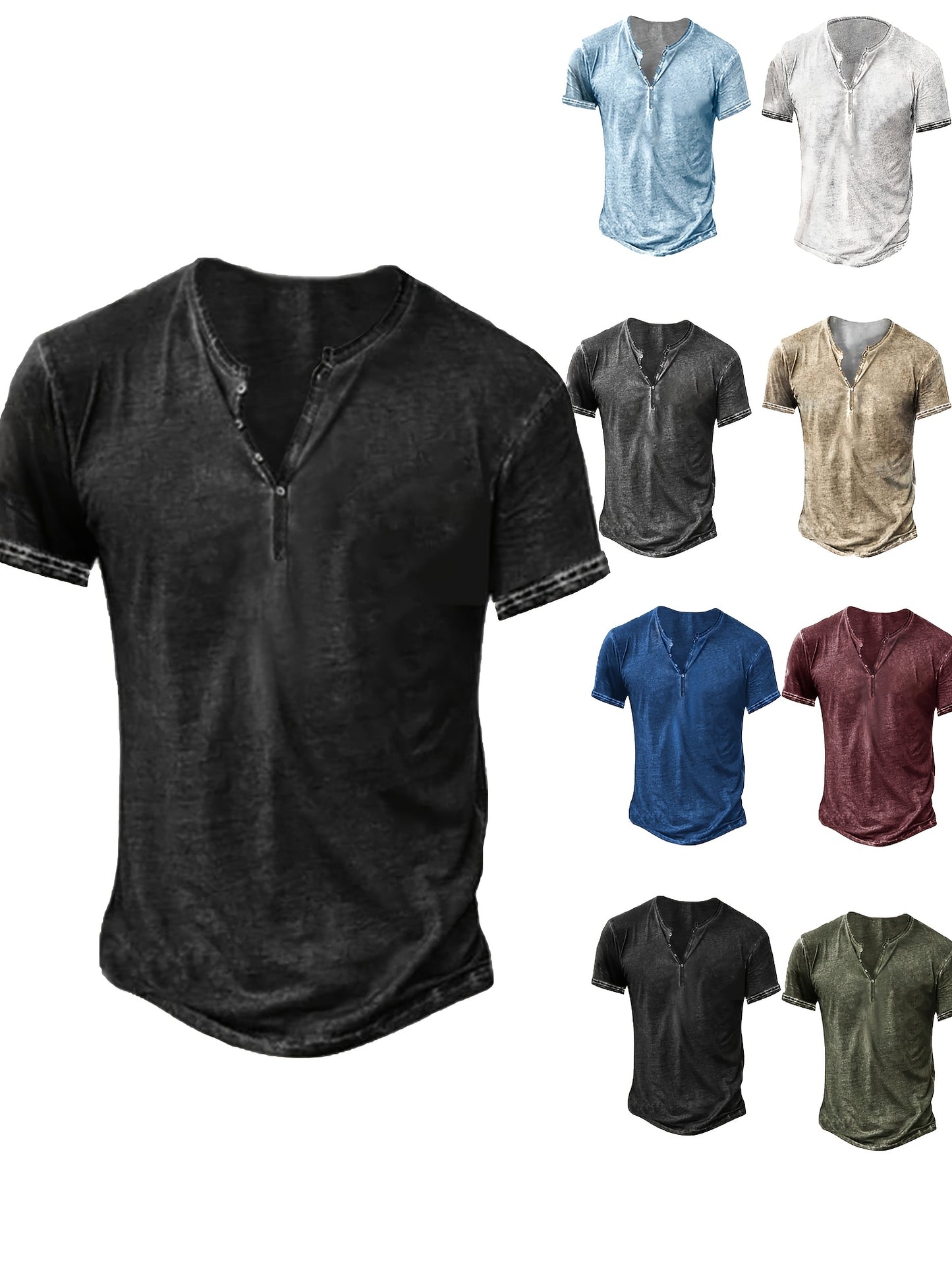 Mens Distressed Henley Shirts Short Sleeve Button T-Shirt Slim Fit Cotton Casual Shirt