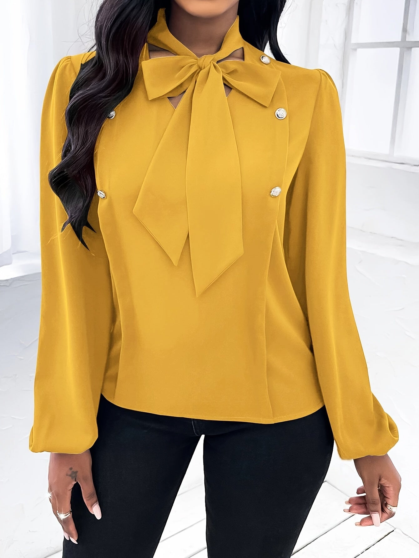 Women'S 2026 New Elegant Solid Color Long-Sleeve Shirt - Tie Neck Button Top, Very Suitable For Everyday And Office Wear