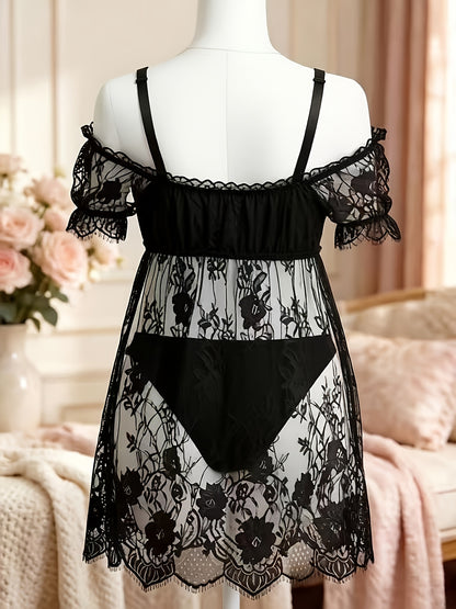 Plus Size Lace Nightdress for Curvy, Sexy Lingerie, Lace & Bow Off-Shoulder Design, Perfect for Home Bedroom Private Space, Super Textured & Attractive