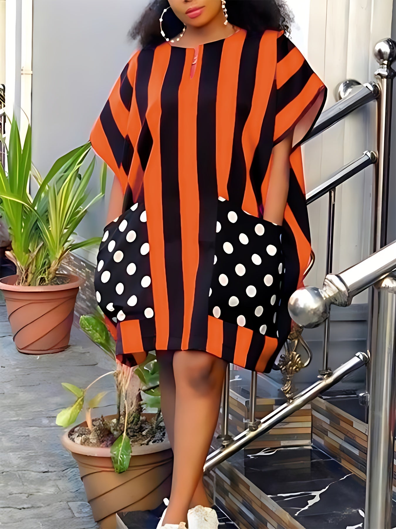 Fashion Striped Large Size Double Pocket Design Bat Sleeves Large Size Dress