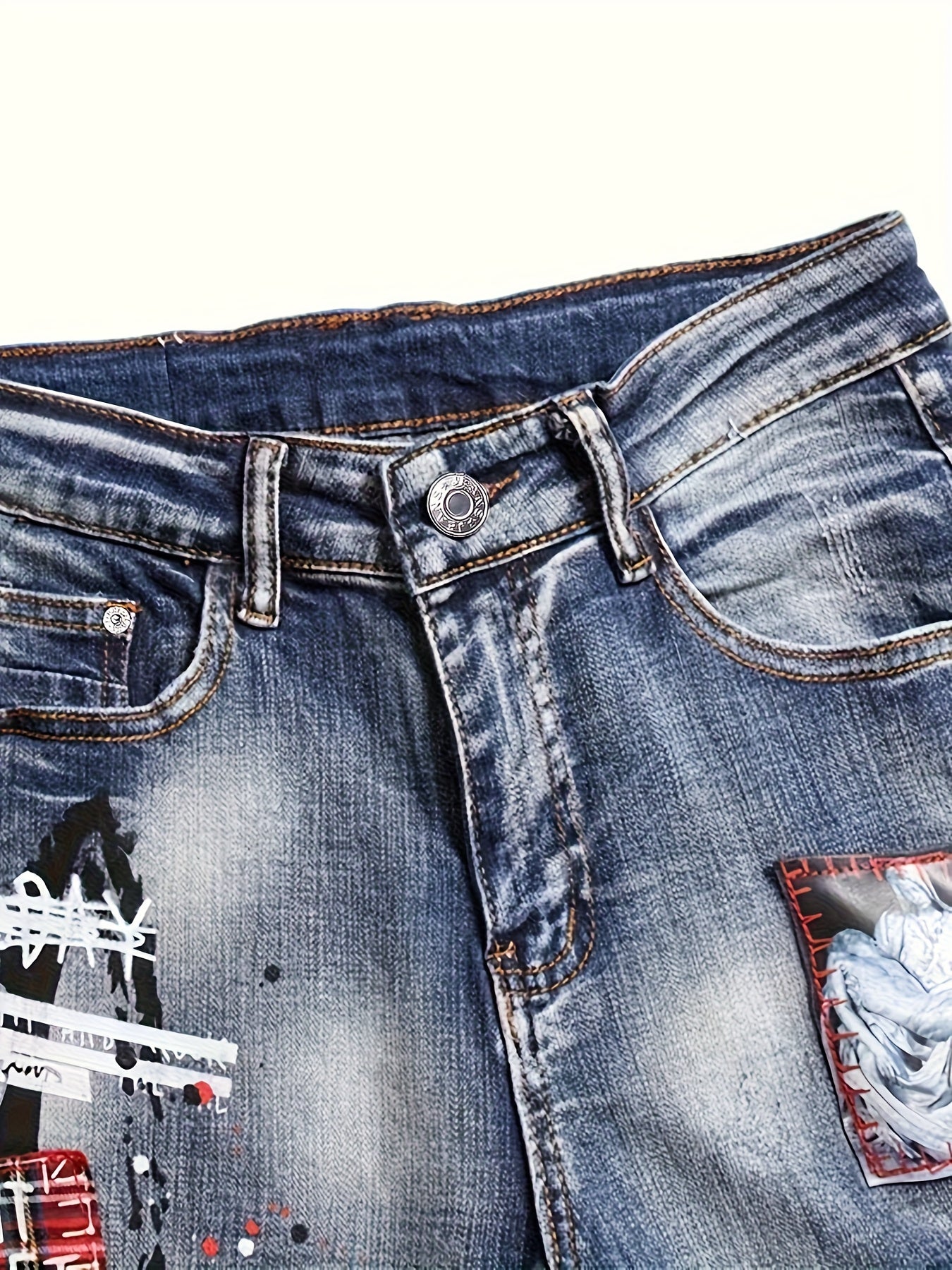 Men's Slim Fit Straight-Leg Distressed Jeans - Vintage Washed Denim with Embroidered Slogans & Patches, Stretch Comfort, Machine Washable, All-Season Streetwear Style