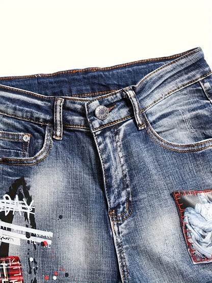 Men's Slim Fit Straight-Leg Distressed Jeans - Vintage Washed Denim with Embroidered Slogans & Patches, Stretch Comfort, Machine Washable, All-Season Streetwear Style