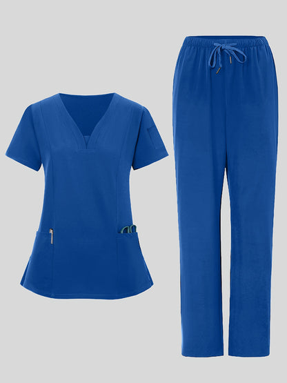 2pcs Women's Breathable V-Neck Work Uniform - Machine Washable Pocket Detail Matching Top & Pants, Casual Work Clothes Suitable for Work Uniforms, Healthcare, Education, Retail - Comfortable Professional Attire