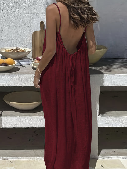Plus Size - Plus Size - 2026 New Women'S Camisole Backless Loose Long Home Wear Dress | Beach Skirt Swimsuit, V-neck, Sleeveless, Medium Stretch Fabric, Random Print, Straight Hem, Elegant Style for Spring/Summer