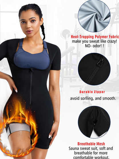 1pc JUNLAN Women' Sauna Suit Full Body Shaper Workout Vest & Shorts - 3-in-1 Waist Trainer, Sweat Vest with Sleeve Top & Shorts, Zipper Closure Tummy Gym Suit for Sauna Training, Fitness, Year-Round Wear (Hand Washable)