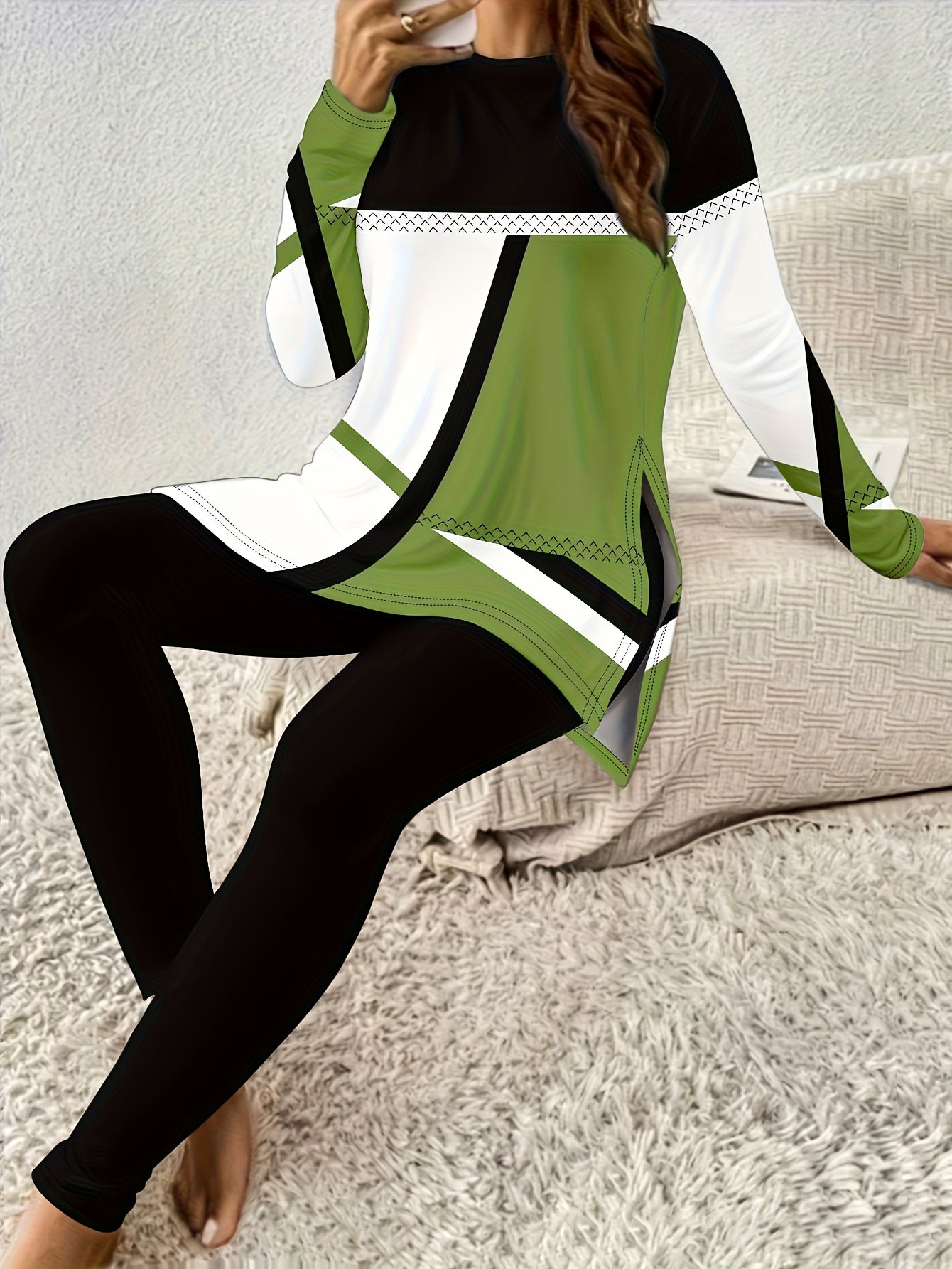 SINHOON Ladies' Attire Stylish Two-Piece Suit - Round Neck Long Sleeve Blouse with Side Slit And Printed Trousers - Ideal for Autumn And Winter Wear