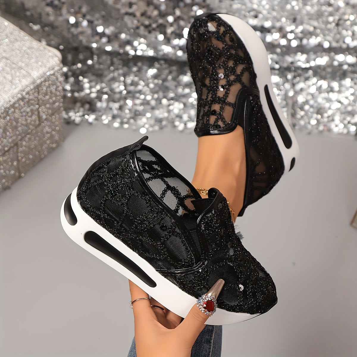 Women'S Chic Black Sequin Mesh Sneakers - Breathable, Casual Sneakers, Lightweight EVA Sole, Women Shoes