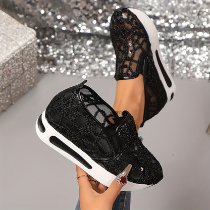 Women'S Chic Black Sequin Mesh Sneakers - Breathable, Casual Sneakers, Lightweight EVA Sole, Women Shoes