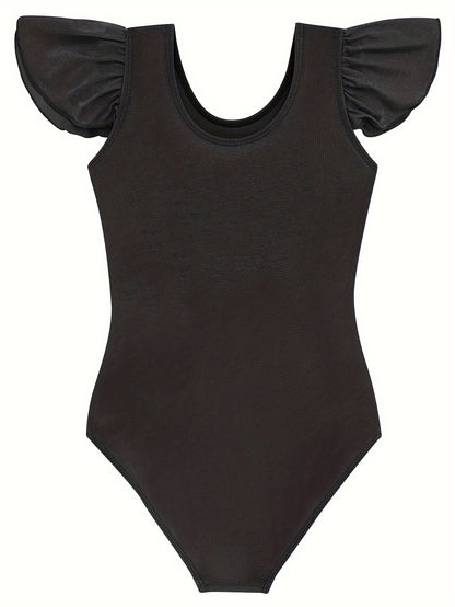 Girls Stretchy Ruffled Sleeve Dance Leotard Slim Fit Solid Color Practice - product view 3