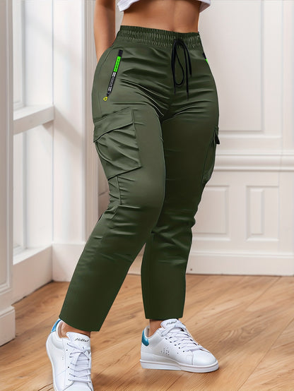 Women'S Heavy-Duty Cargo Pants with Multi-Zipper Pockets & Neon Green Zippers - Belt-Like Waist Drawstring, Full-Length Trousers for Outdoor, Travel - Casual Pants (Neon Green Accent, Spring/Fall) - No-Leg-Slip Design
