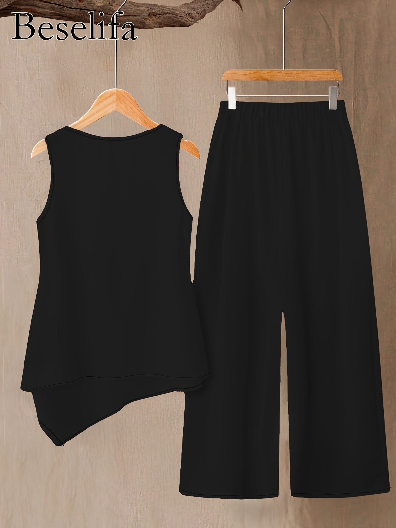 Spring and Summer Women's Casual Fashion Elegant Solid Color Round Neck Sleeveless Top Shirt and Pants 2pcs Set, for Outings and Vacations