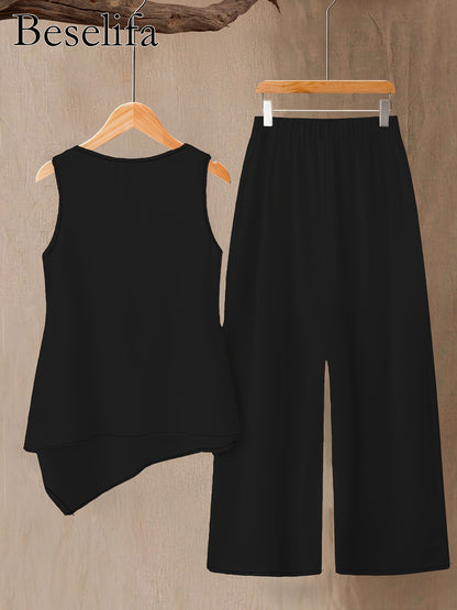Spring and Summer Women's Casual Fashion Elegant Solid Color Round Neck Sleeveless Top Shirt and Pants 2pcs Set, for Outings and Vacations