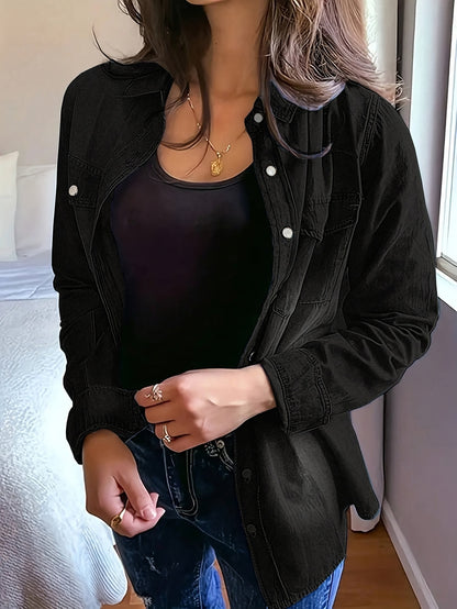 Denim Shirt Women's, Casual Jeans Western Style, Long Sleeved Button Up Top