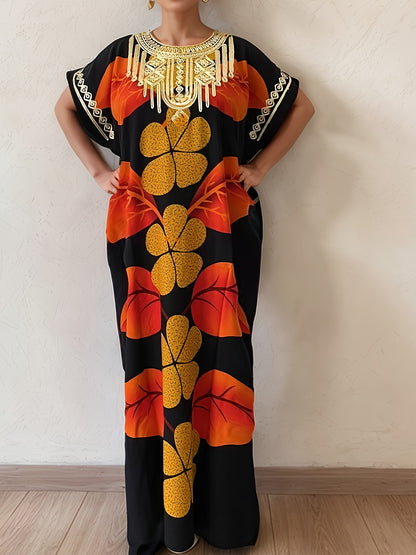 Plus-Size Floral Print Kaftan Dress for Ramadan, Elegant Round-Neck Short-Sleeve Gown for Middle Eastern Women, Women'S Plus-Size Clothing.