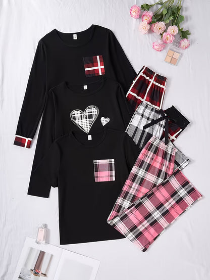 A New Six-piece Set Of Casual Home Wear for Women, Featuring Heart-shaped Printed Long-sleeved Tops, Long-sleeved And Short-sleeved Round-neck Checkered Tops with Pockets, And A Comfortable And Loose Fit, Making It Perfect for Casual Home Wear