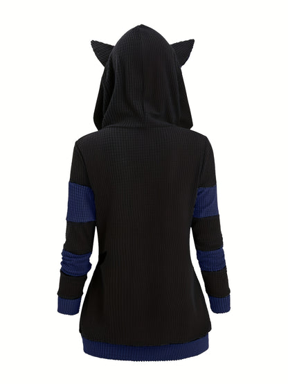 Women's & Cute Cat Ear Zip Hoodie - Anime Roleplay Costume with Pockets, Colorblock -Line Sweatshirt | Soft Warm Outerwear Suitable for Autumn/Winter Daily Wear, Machine Washable Cozy Streetwear